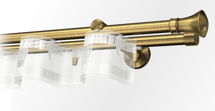 Karnisz podwójny szynowy, mosiądz antyczny Colosseo z systemem Wave i taśmą